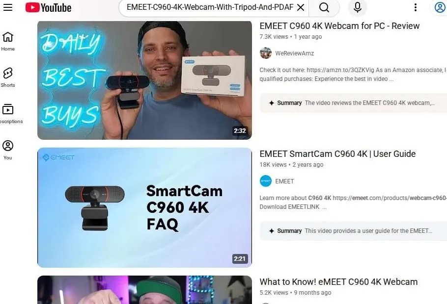 YouTube search results for the EMEET C960 4K webcam