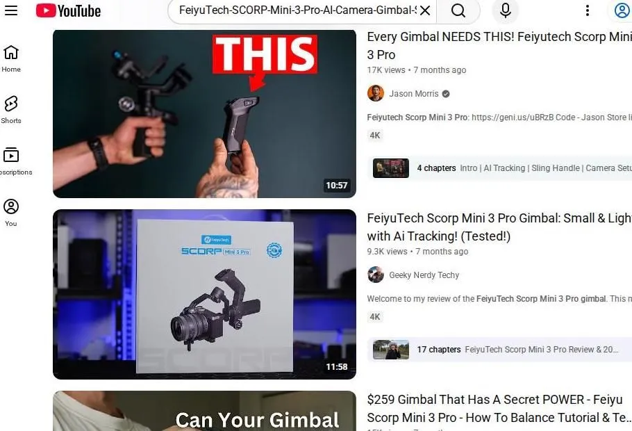 YouTube search results for the FeiyuTech Scorp Mini 3 Pro gimbal