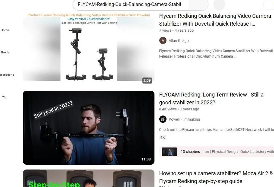 YouTube search results for the Flycam Redking stabilizer