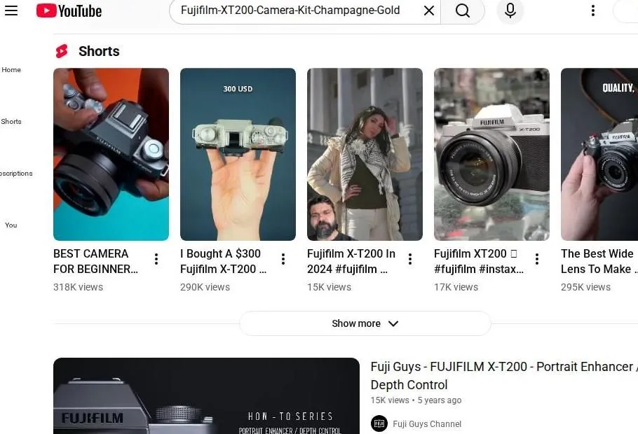 YouTube search results for the Fujifilm X-T200 camera