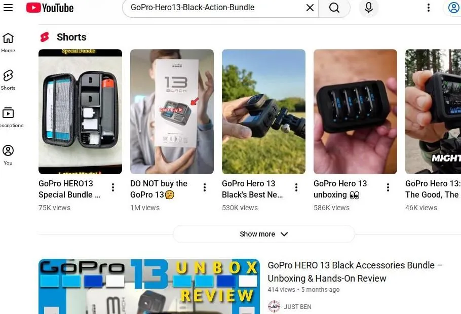 YouTube search results for the GoPro Hero 13 Black