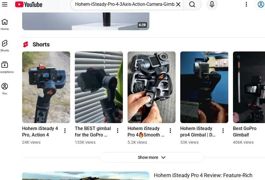 YouTube search results for the Hohem iSteady Pro 4 action camera gimbal