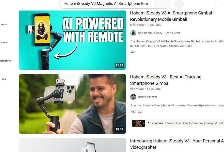 YouTube search results for the Hohem iSteady V3 smartphone gimbal