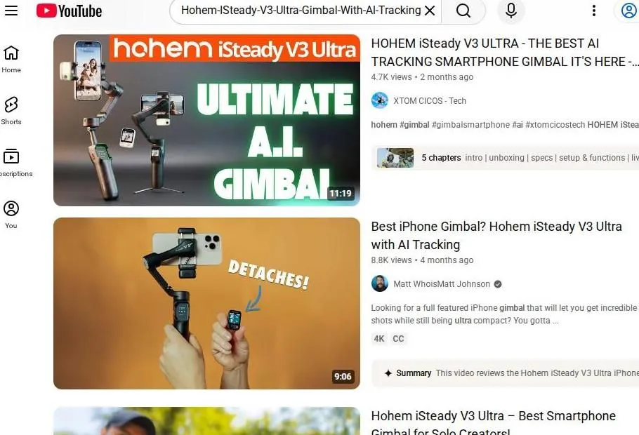 YouTube search results for the Hohem iSteady V3 Ultra smartphone gimbal