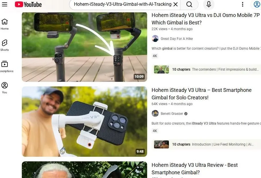YouTube search results for the Hohem iSteady V3 Ultra smartphone gimbal