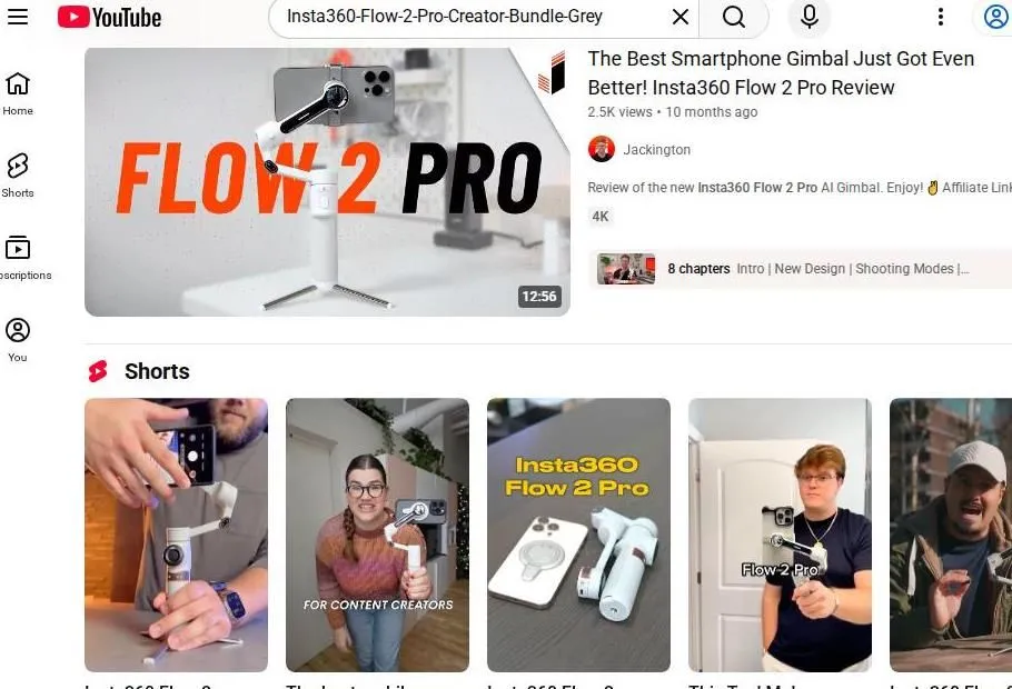 YouTube search results for the Insta360 Flow 2 Pro