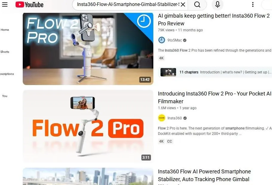 YouTube search results for the Insta360 Flow 2 Pro smartphone gimbal