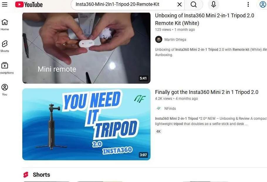 YouTube search results for the Insta360 Mini 2-in-1 Tripod 2.0 Remote Kit