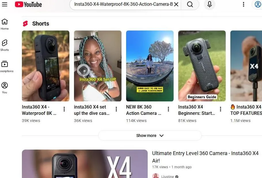 YouTube search results for the Insta360 X4 action camera