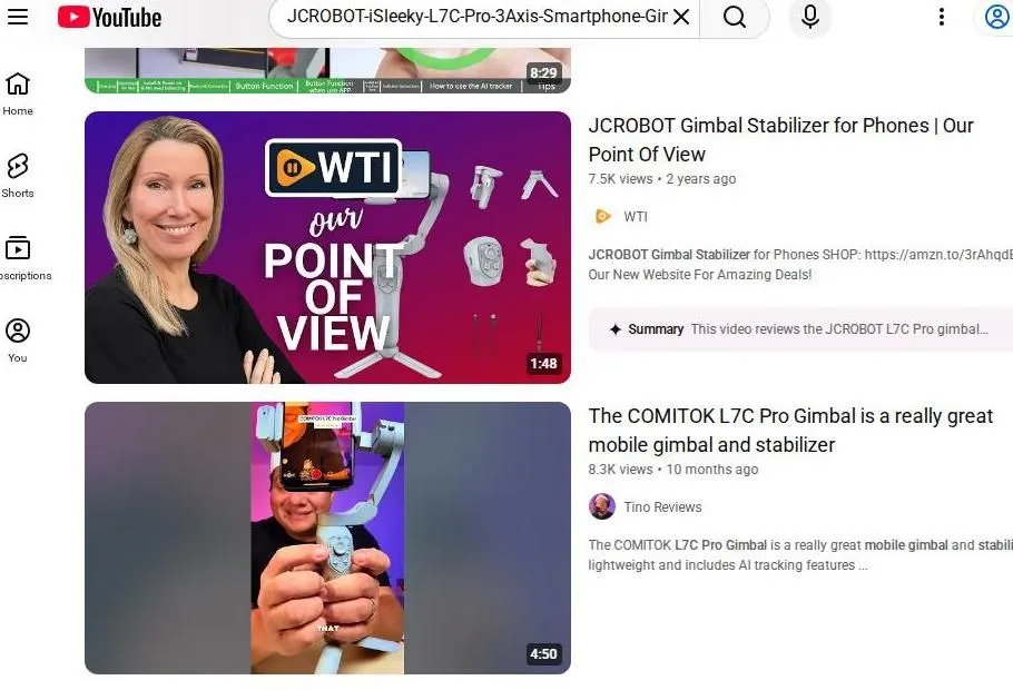 YouTube search results for the JCROBOT L7C Pro smartphone gimbal