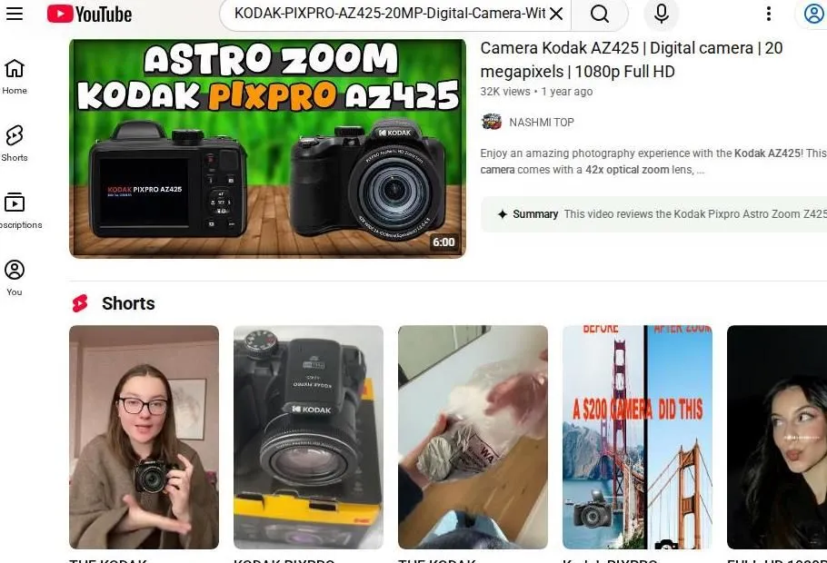 YouTube search results for the Kodak PIXPRO AZ425 digital camera