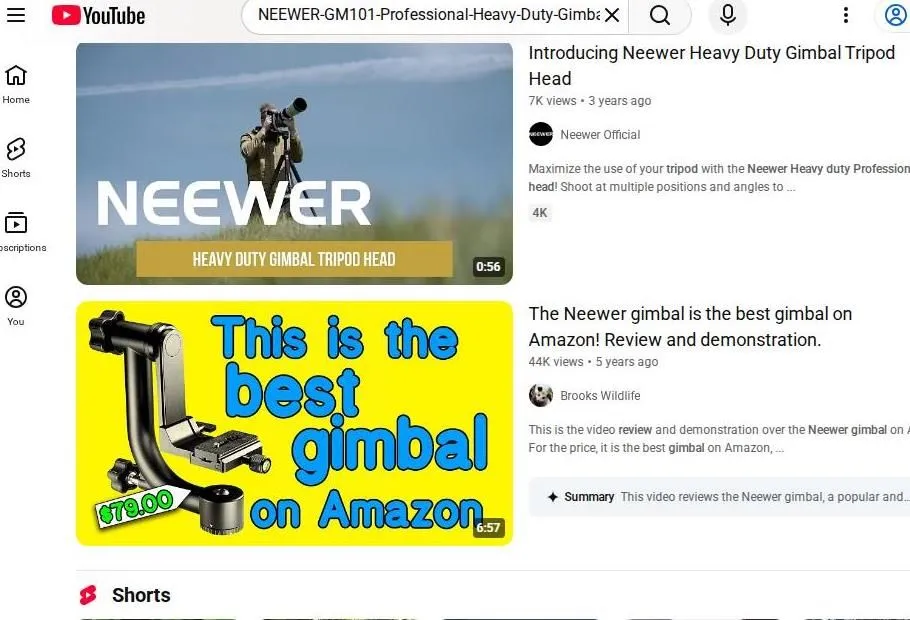 YouTube search results for the Neewer GM101 Gimbal Tripod Head