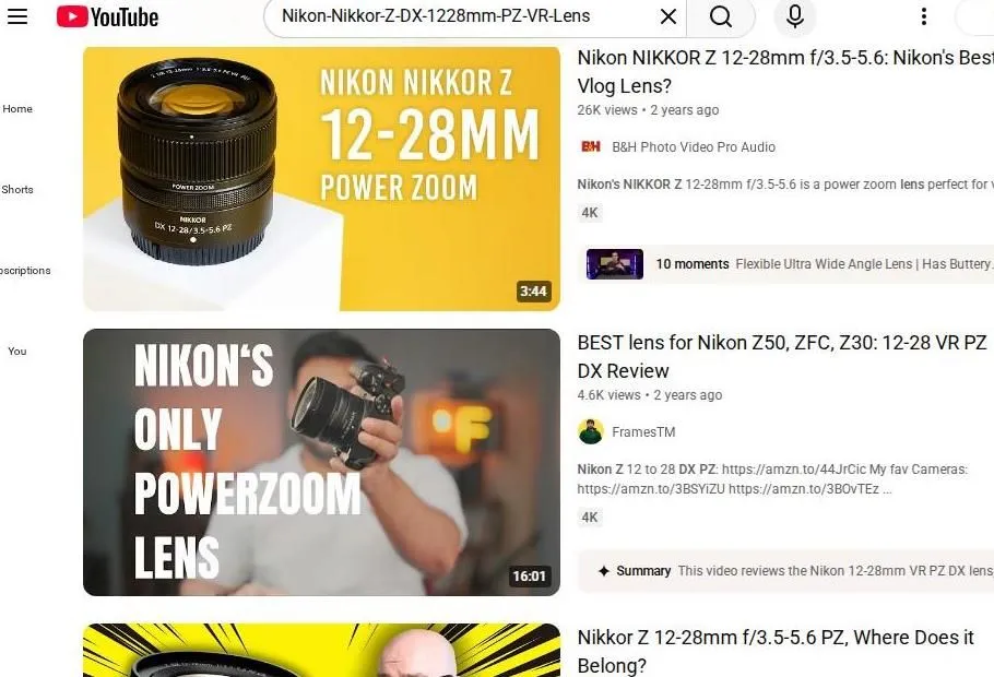 YouTube search results for the Nikon Z 12-28mm power zoom lens