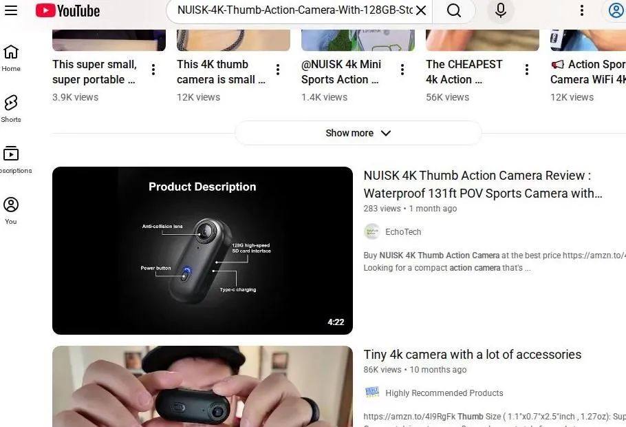 YouTube search results for the NUISK 4K Thumb Action Camera