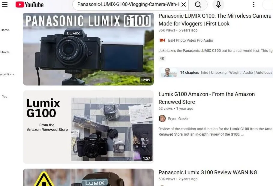 YouTube search results for the Panasonic Lumix G100 camera