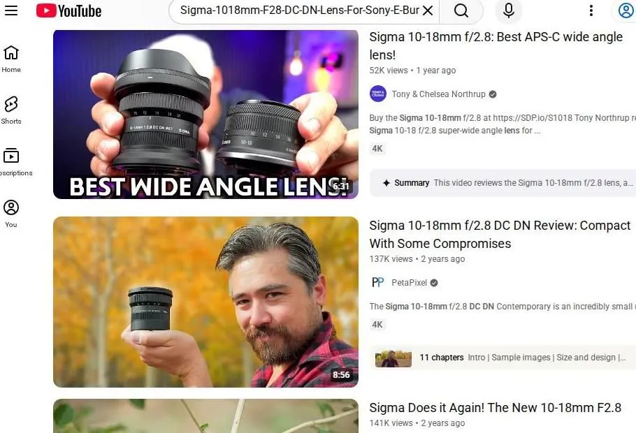YouTube search results for the Sigma 10-18mm f/2.8 lens.