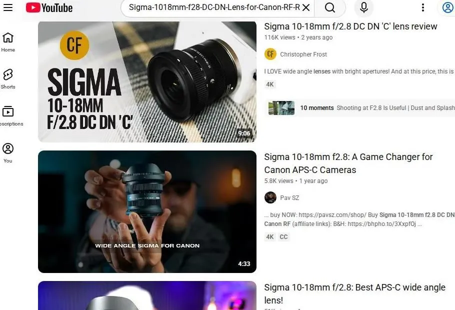 YouTube search results for the Sigma 10-18mm f2.8 lens
