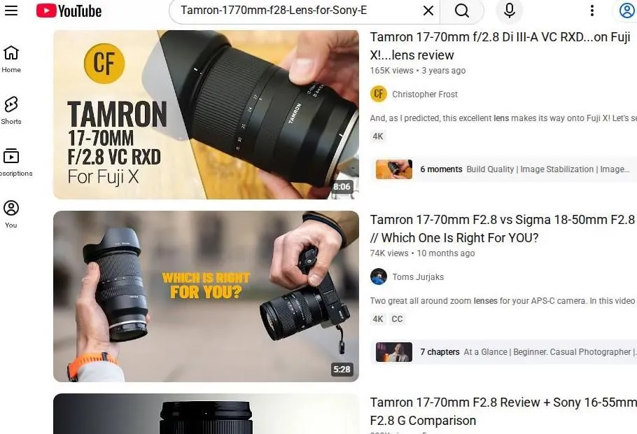 YouTube search results for the Tamron 17-70mm f/2.8 lens