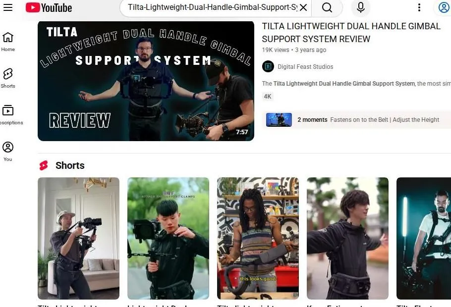 YouTube search results for the Tilta Lightweight Dual Handle Gimbal Support System