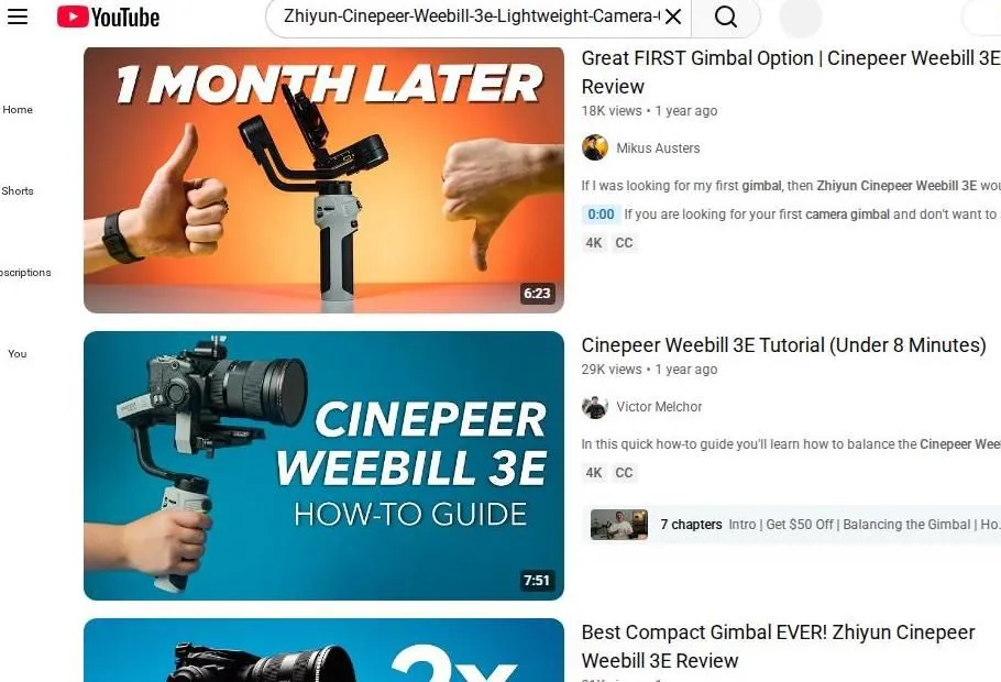 YouTube search results for the Zhiyun Cinepeer Weebill 3E gimbal