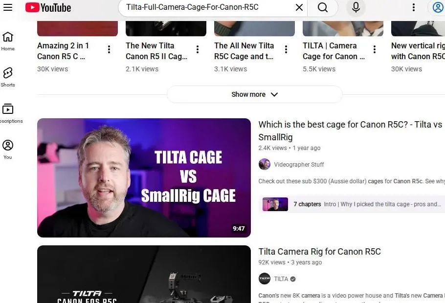 YouTube search results for Tilta Canon R5C camera cages