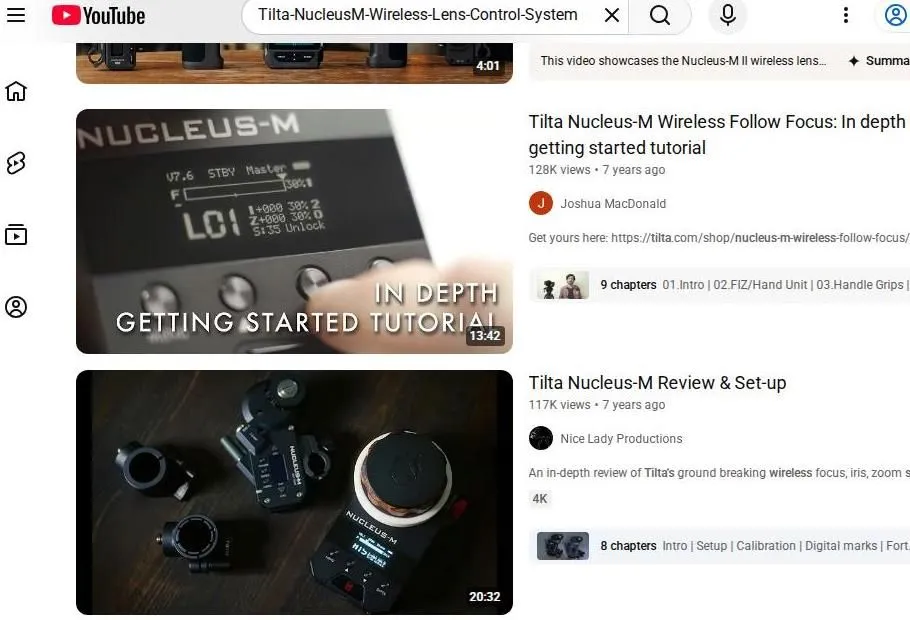 YouTube search results for Tilta Nucleus-M lens control system