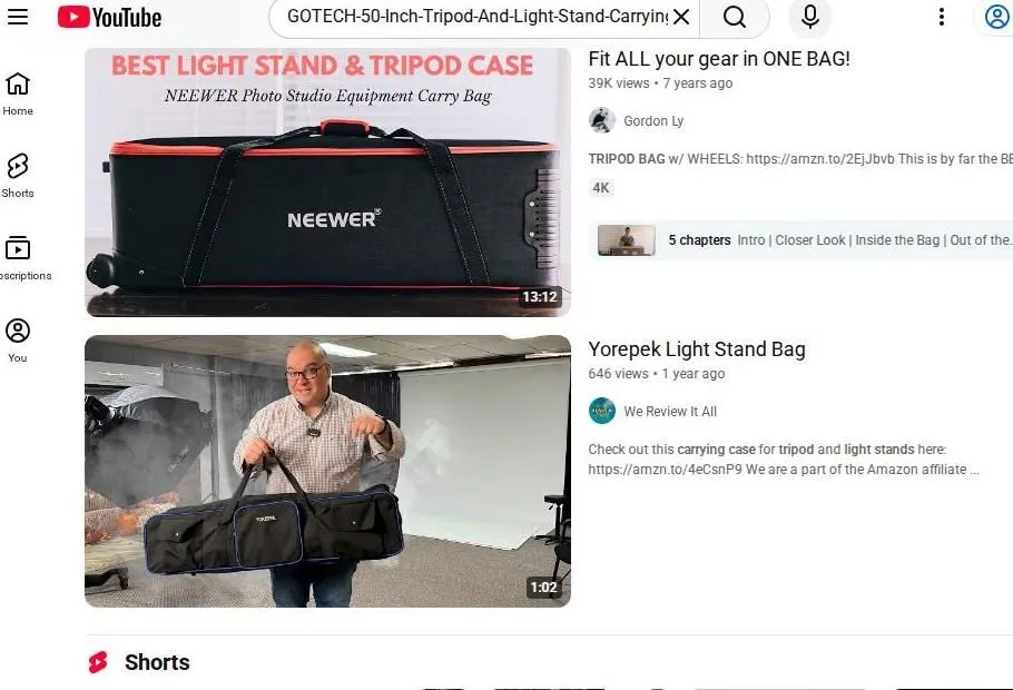YouTube search results for tripod and light stand bags