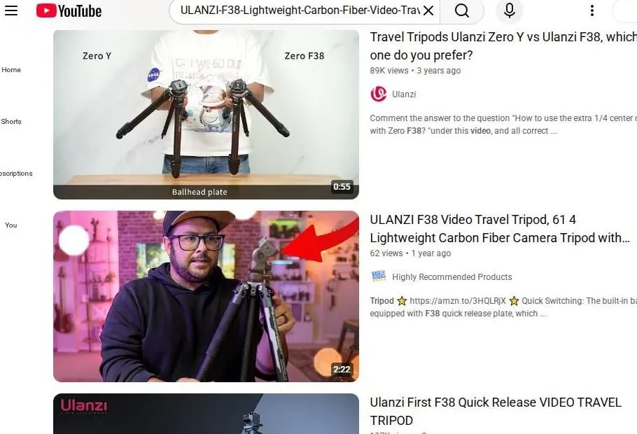 YouTube search results for Ulanzi travel tripods