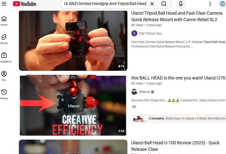 YouTube search results for Ulanzi tripod ball heads