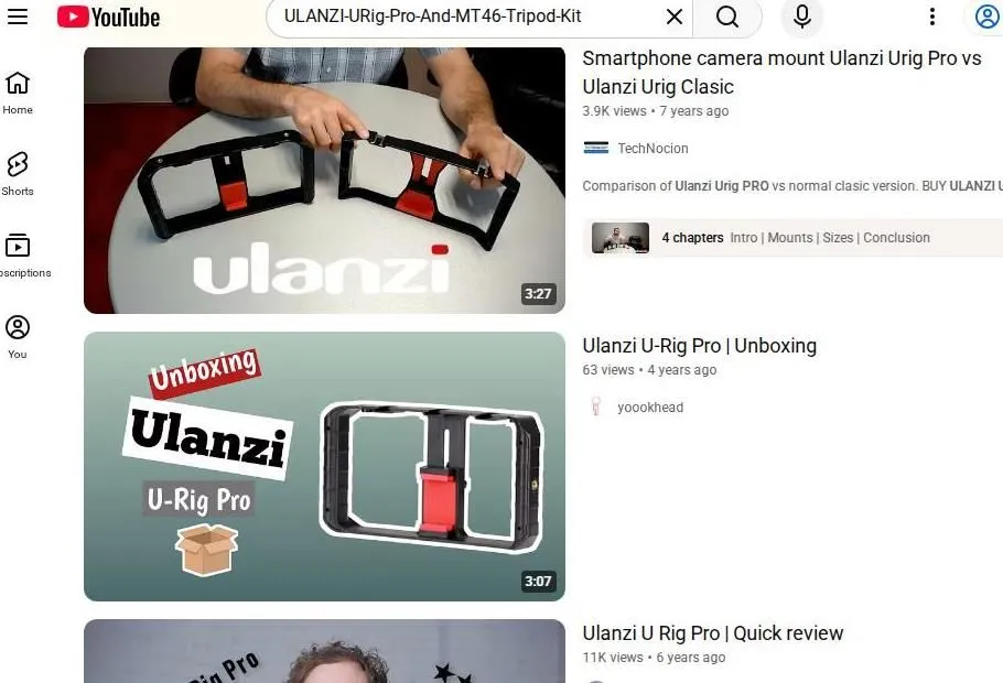 YouTube search results for Ulanzi U-Rig Pro