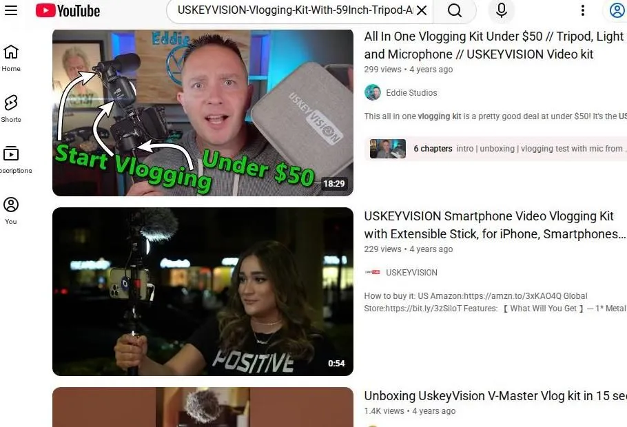 YouTube search results for USKEYVISION vlogging kits