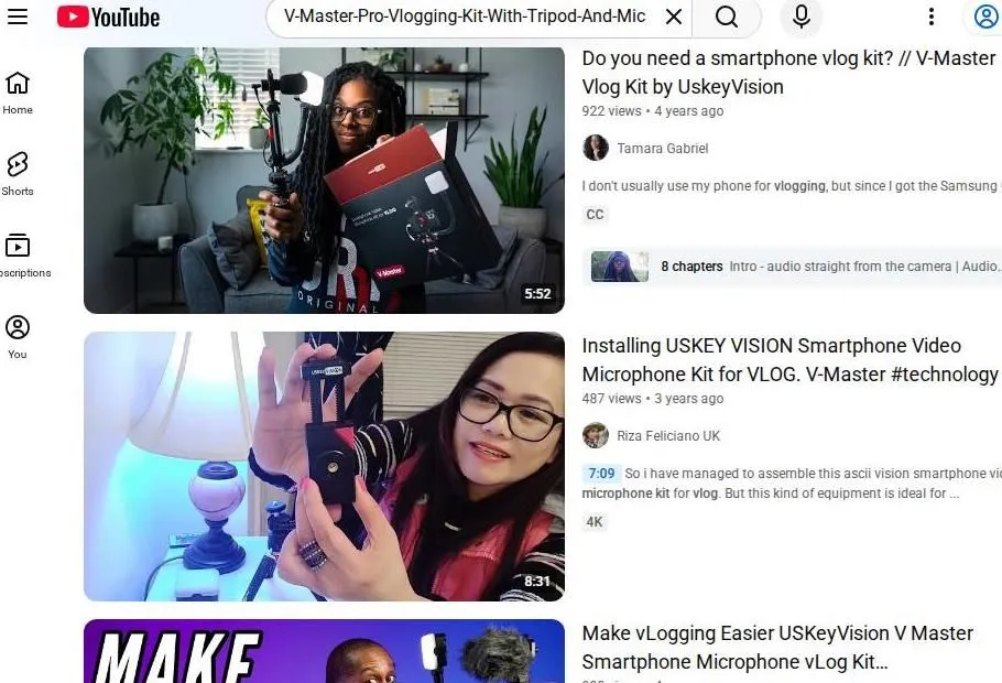 YouTube search results for USKEYVISION vlogging kits