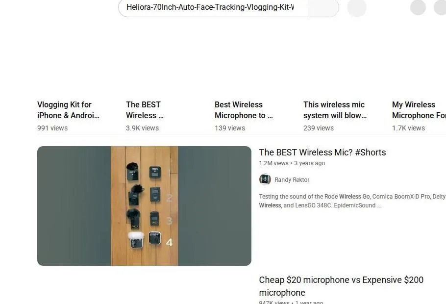 YouTube search results for wireless vlogging microphones