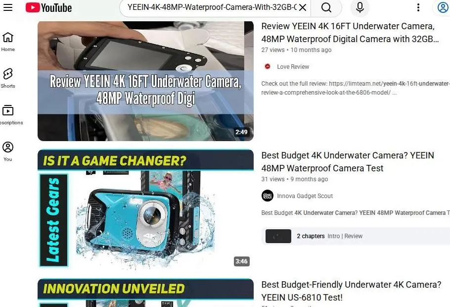 YouTube search results for YEEIN 4K underwater camera