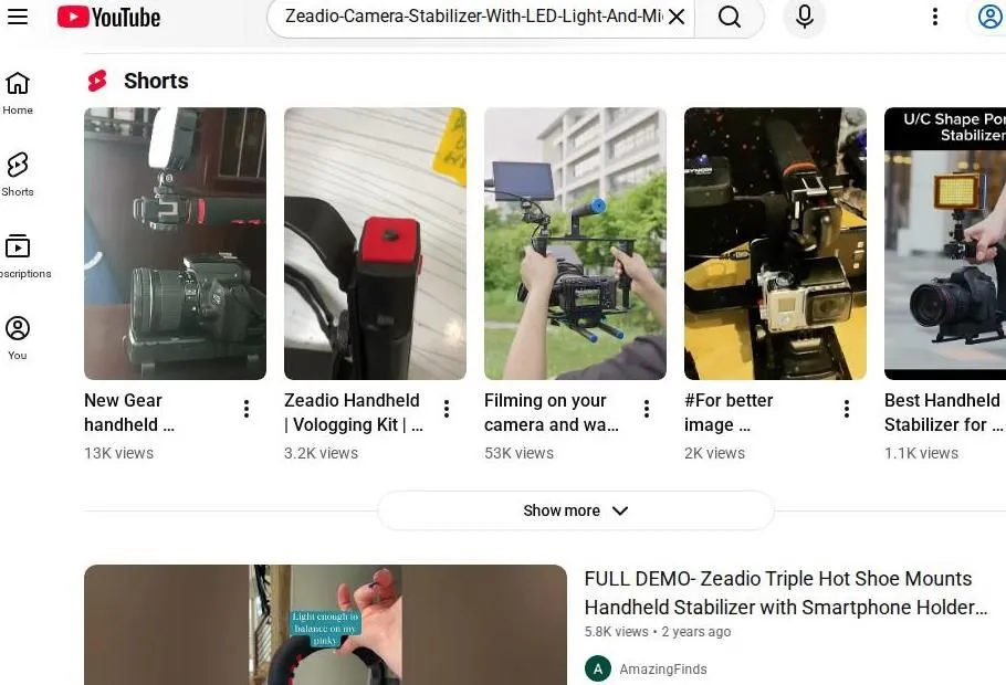 YouTube search results for Zeadio Camera Stabilizer
