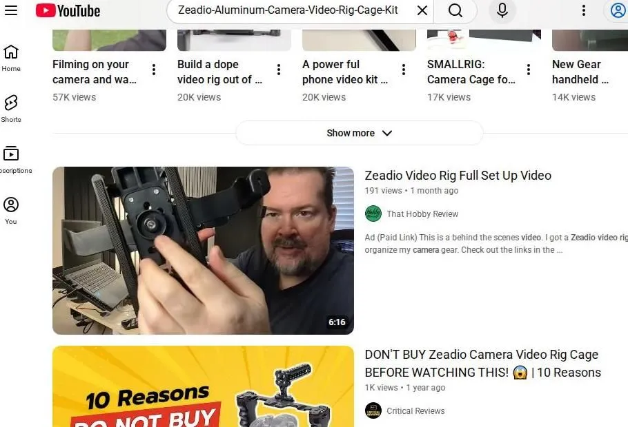 YouTube search results for Zeadio camera video rig