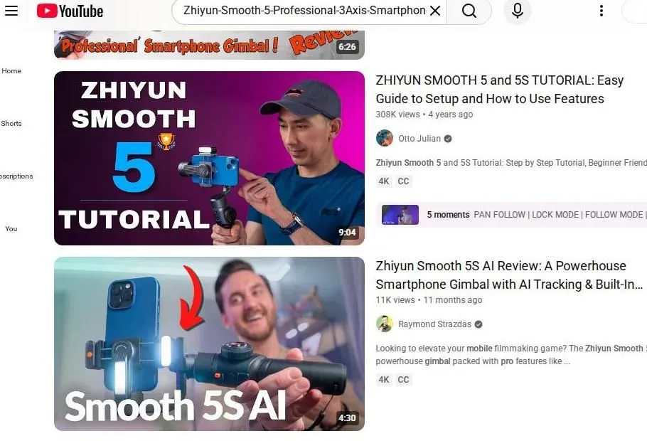 YouTube search results for Zhiyun Smooth gimbals
