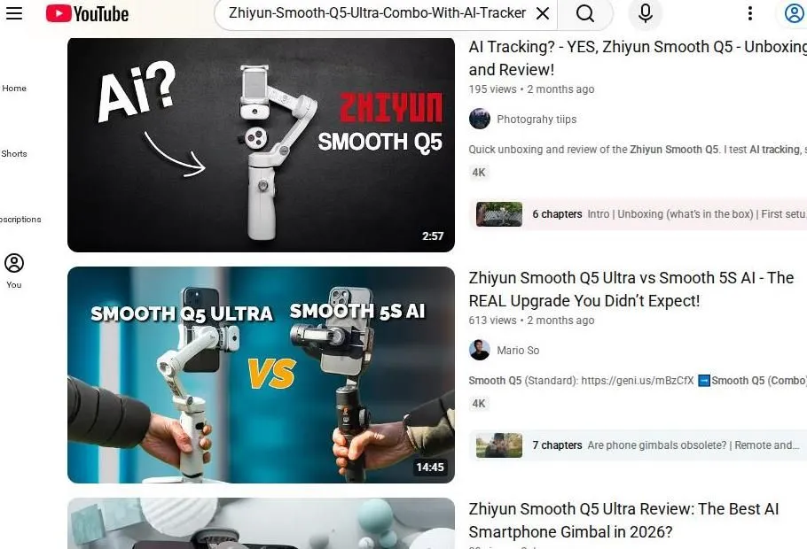 YouTube search results for Zhiyun Smooth Q5 Ultra smartphone gimbal