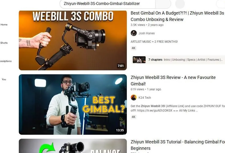 YouTube search results for Zhiyun Weebill 3S gimbal reviews