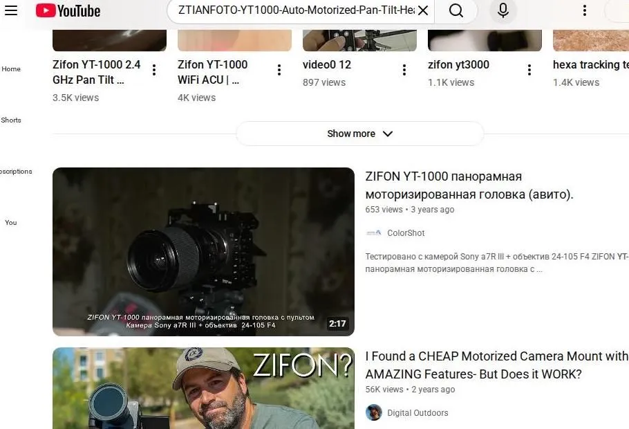 YouTube search results for Zifon motorized pan tilt heads