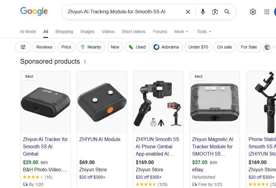 Zhiyun AI Tracking Module Shopping Search Results