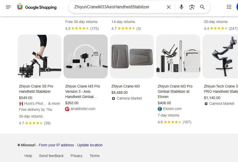 Zhiyun Crane M3 Google Shopping Search Results