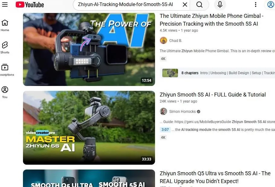 Zhiyun Smooth 5S AI YouTube Search Results